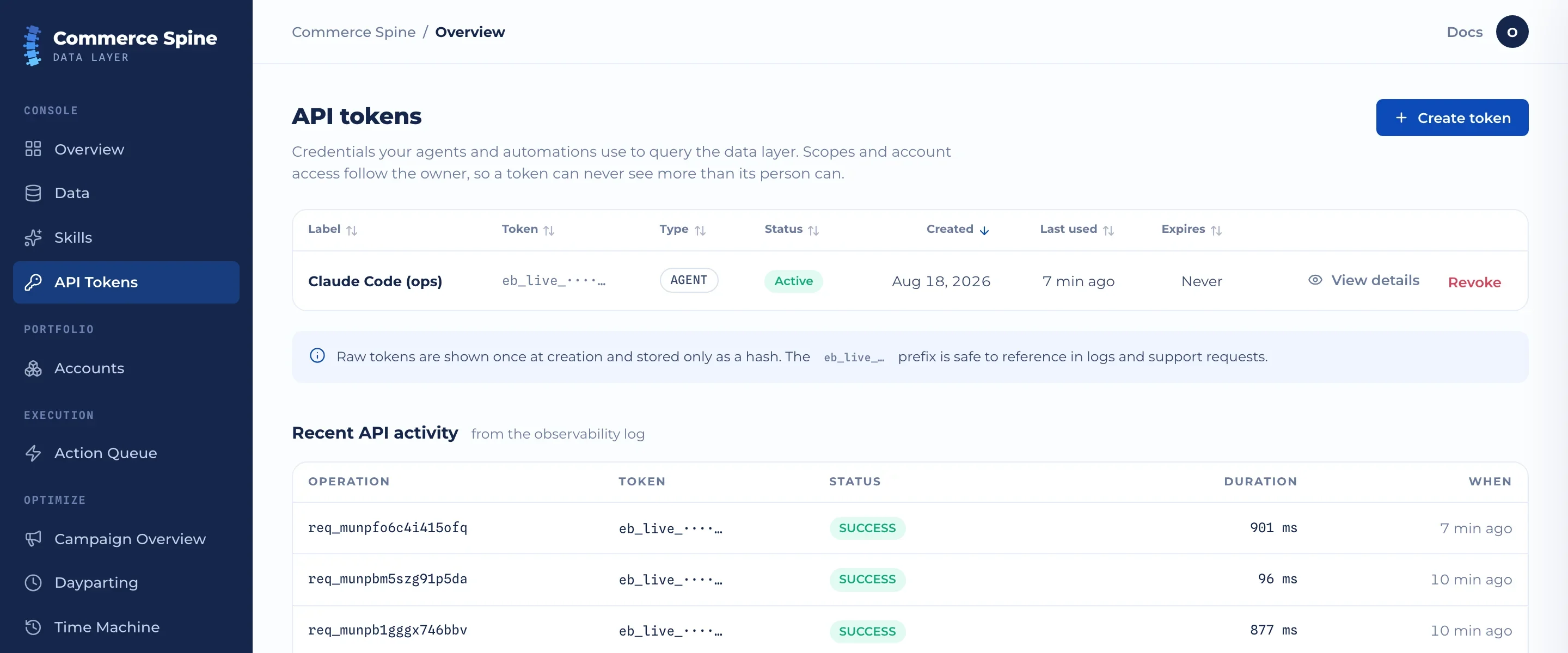 Commerce Spine console: API tokens and recent API activity